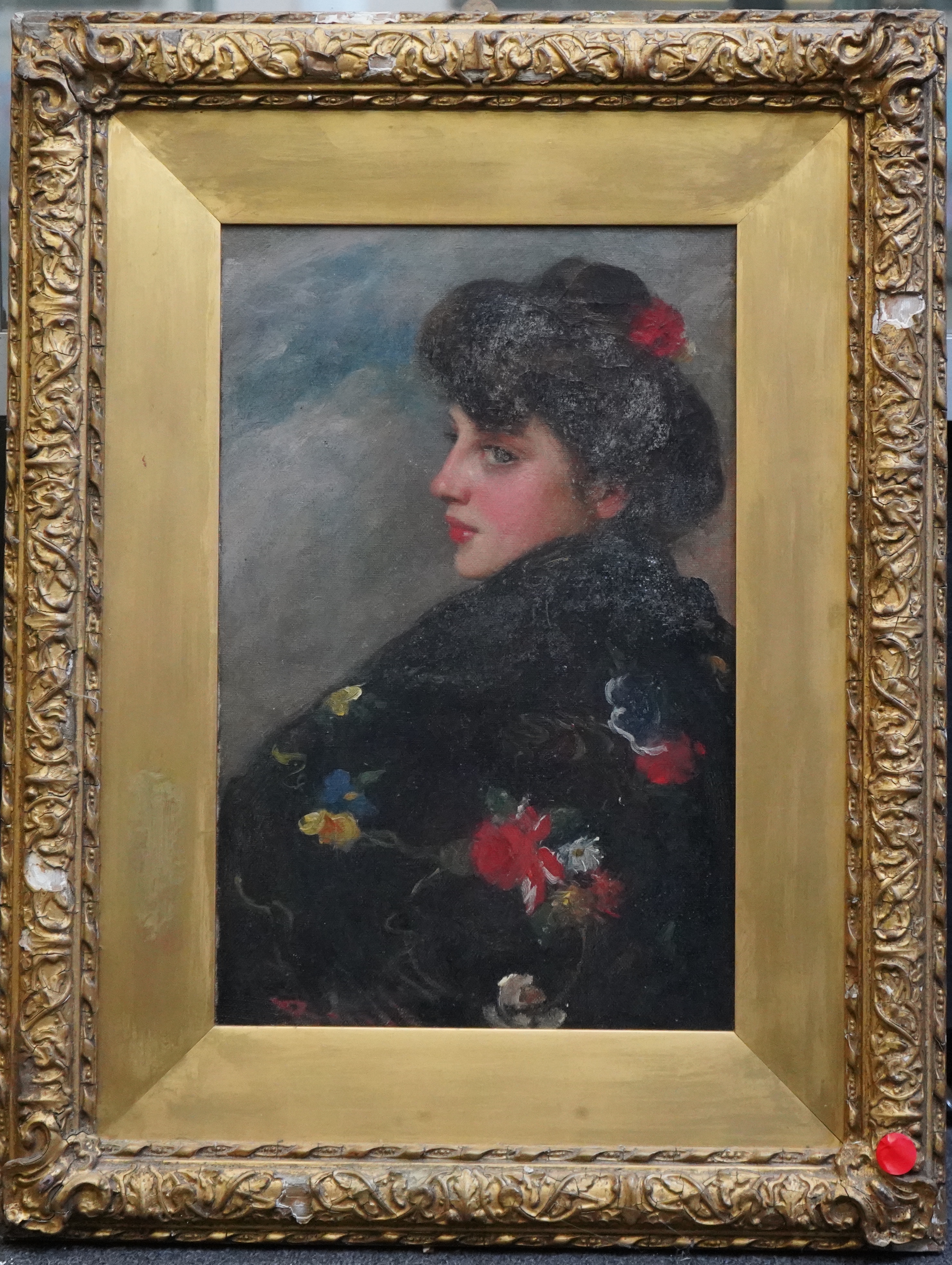 19th Century French School , Portrait of a young lady wearing a floral shawl, oil on canvas, 37 x 24cm